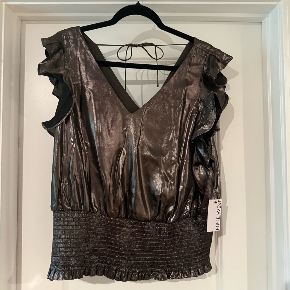 🆕 Nine West Shimmering Ruffle Sleeve Blouse - Metallic Black